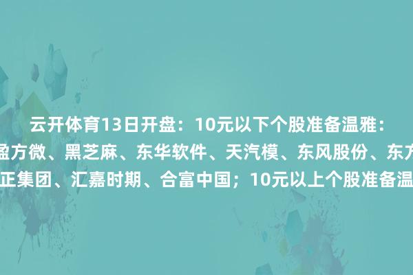 云开体育13日开盘：10元以下个股准备温雅：我爱我家、供销大集、盈方微、黑芝麻、东华软件、天汽模、东风股份、东方集团、宁波中百、君正集团、汇嘉时期、合富中国；10元以上个股准备温雅：英洛华、禾盛新材、和而泰、兴森科技、欧菲光、威领股份、大师交通、永杉锂业、春光科技、必得科技；20元以上个股准备温雅：宏盛股份；30元以上个股准备温雅：晶方科技；ST个股准备温雅：ST高鸿、ST宁科、ST熊猫、ST好意